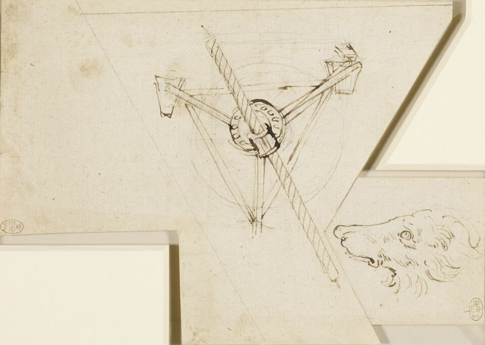 Leonardo da Vinci, a water-wheel geared to an Archimedes screw, c. 1480 (RCIN 912687)